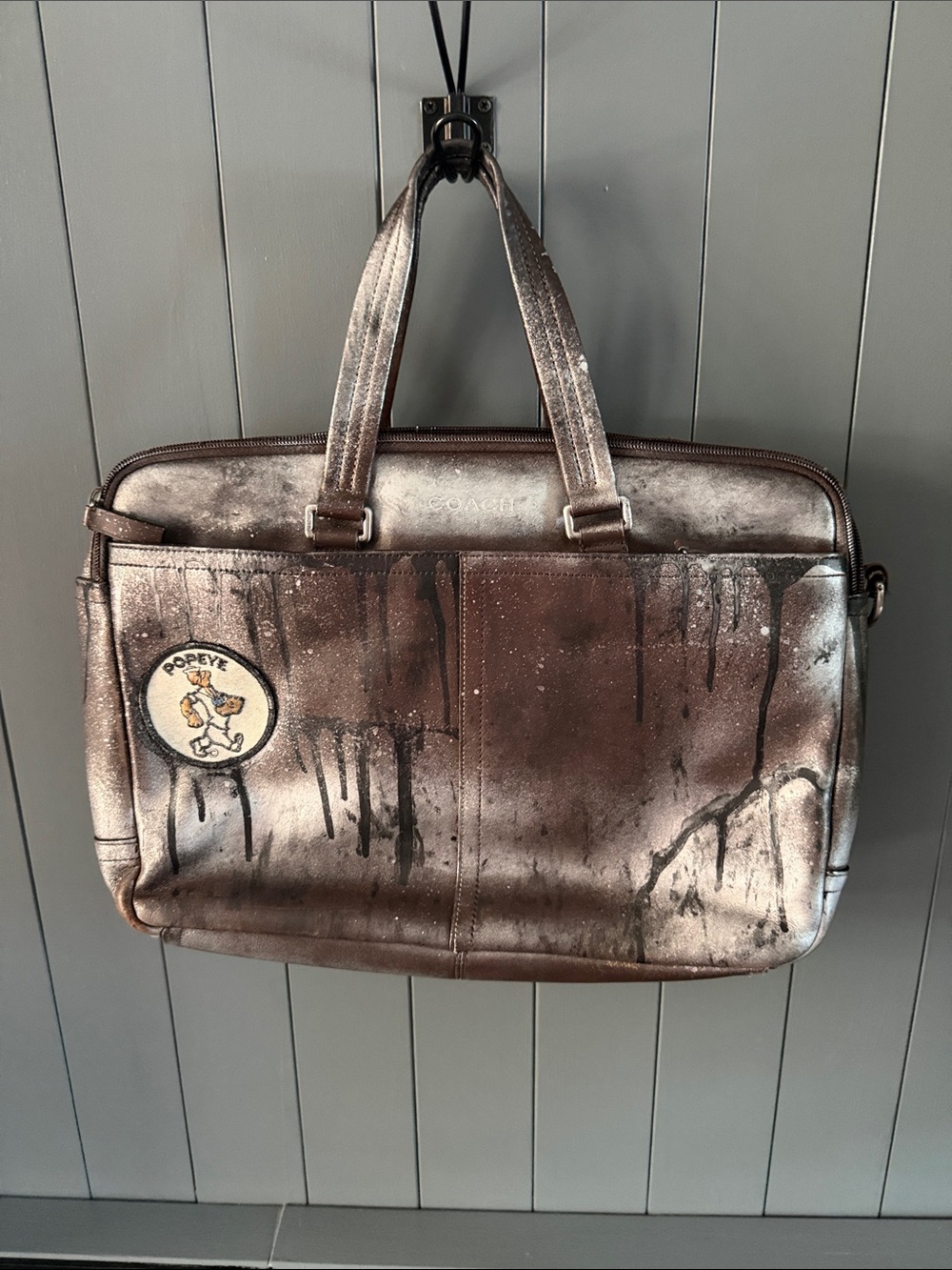 Coach Metallic Bronze Leather Laptop Briefcase with Popeye Patch
